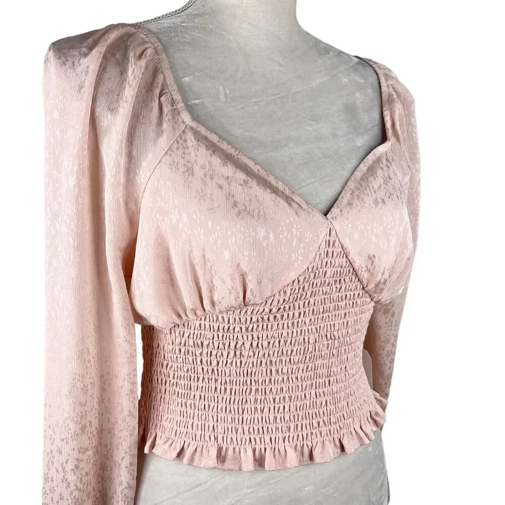Leith Blouse Crop Top Smocked Pink Smoke M New